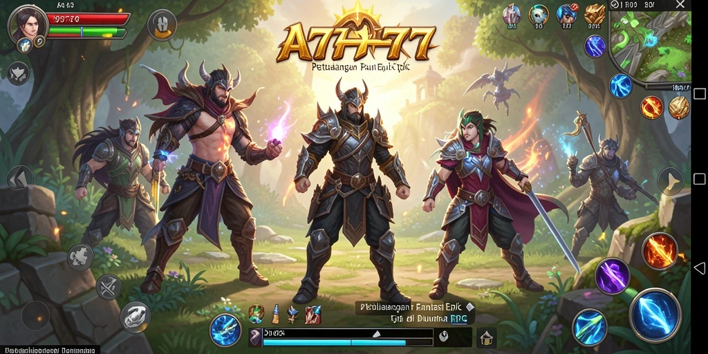 Screenshot utama A7777 menampilkan pertempuran epik dalam dunia RPG.