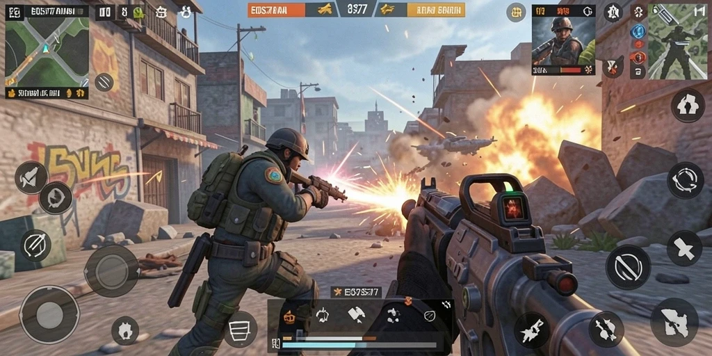 Screenshot utama EOS77 menampilkan aksi seru dalam gameplay TPS.
