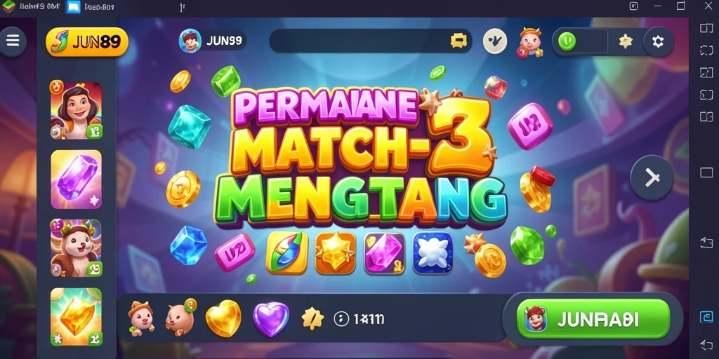 Screenshot utama JUN88 menampilkan gameplay Match-3 yang seru dan penuh warna.