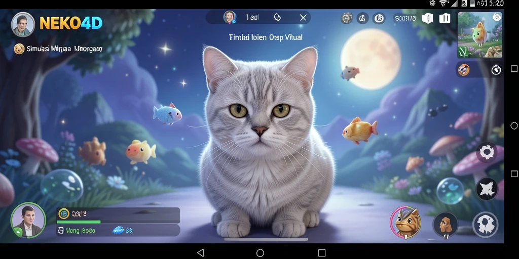 Tampilan gameplay NEKO4D dengan kucing lucu di lingkungan interaktif.