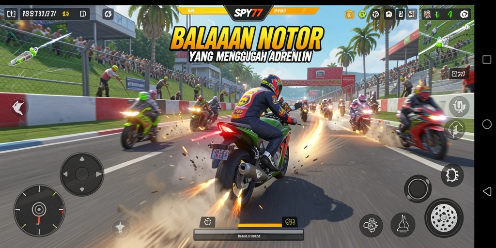 Tangkapan layar SPY77 menampilkan aksi balapan motor yang mendebarkan.